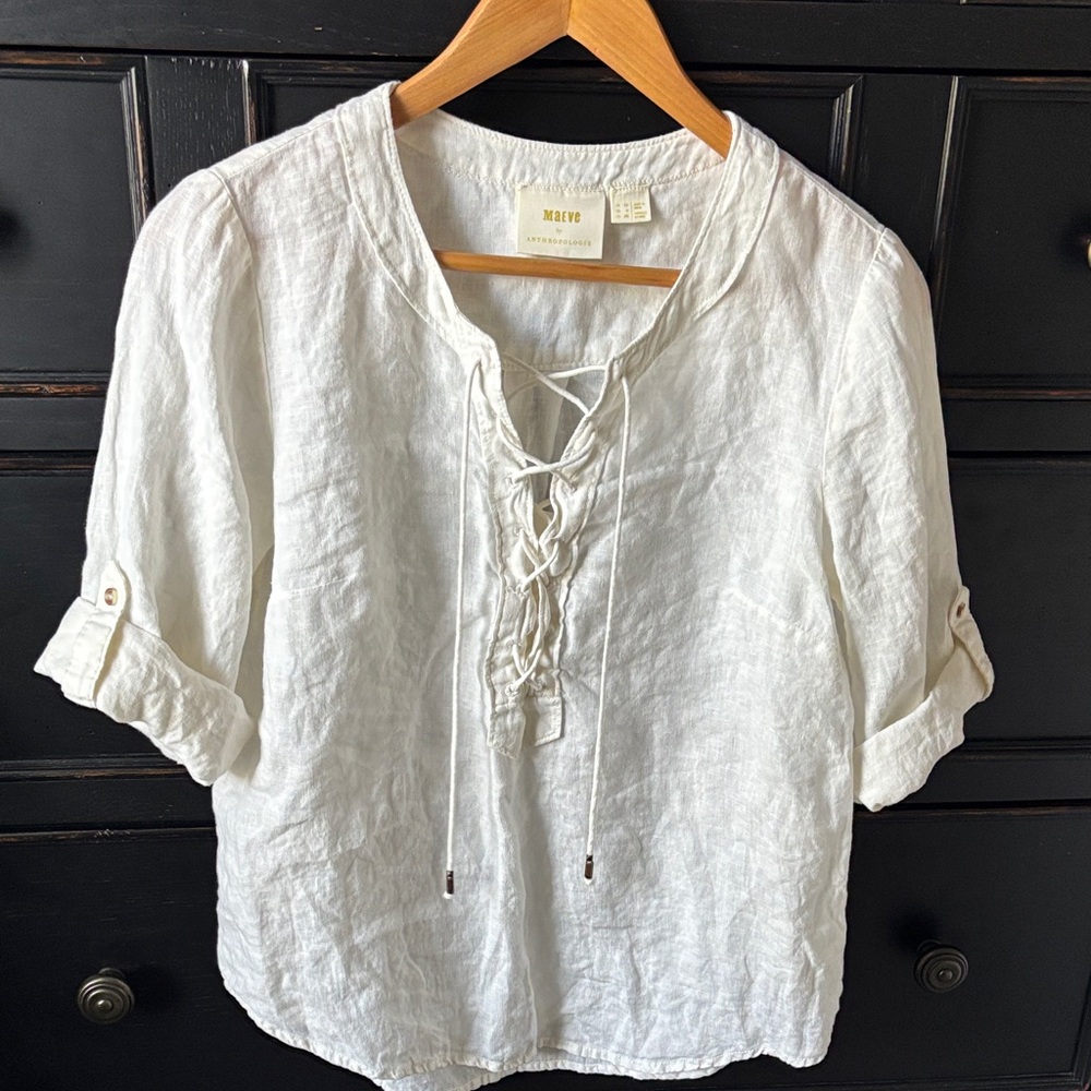 Maeve Anthropologie size 6 ‘Marva’ 100% Linen, Lace Up Front, Roll/Tab Sleeve
